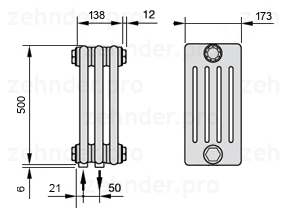Схема (чертеж) Радиатор Zehnder Charleston 5050/3 №3370 Белый глянцевый RAL 9016